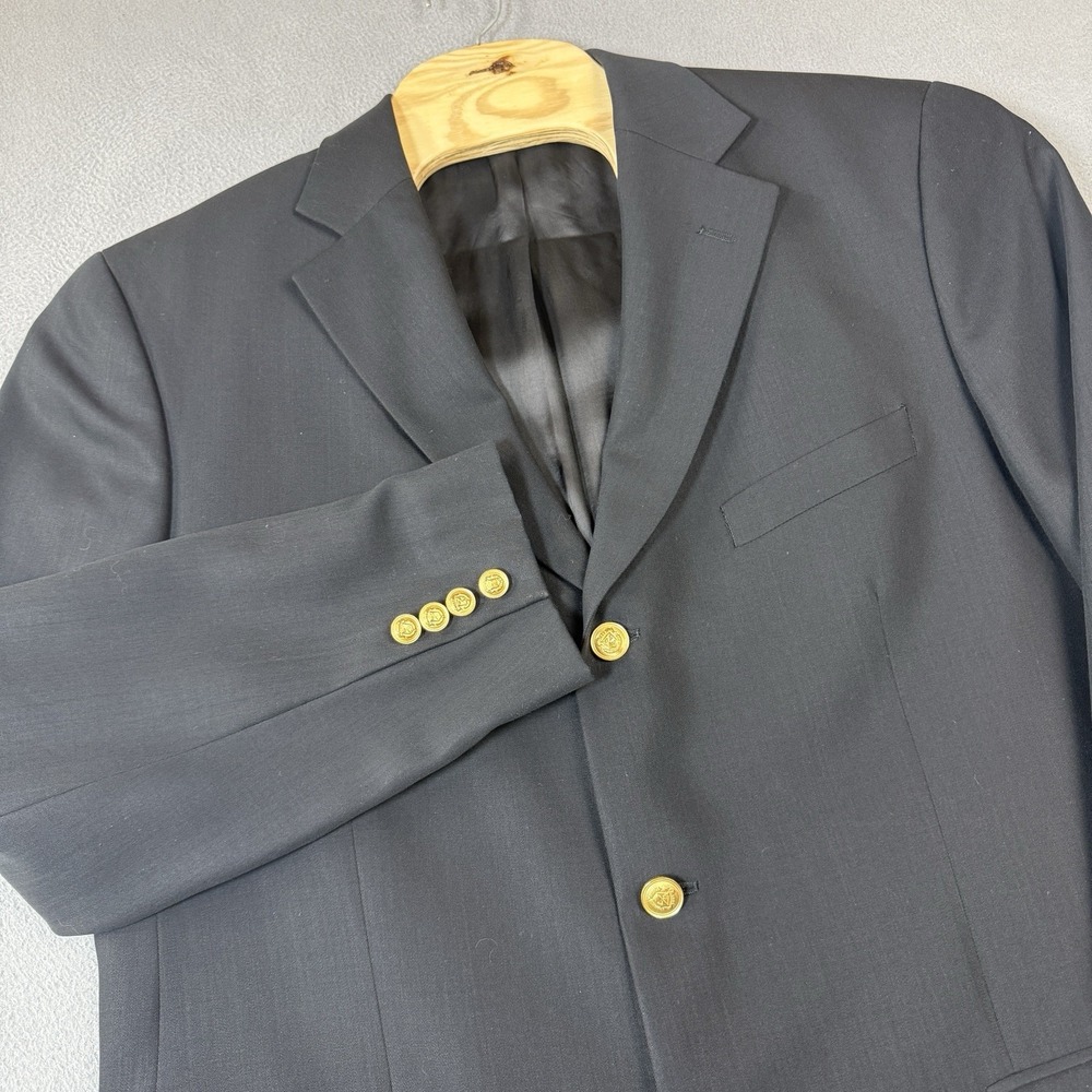 Alan Flusser Gold Button Blazer Mens 44L Black Wool Super 100s‎ Sports Jacket